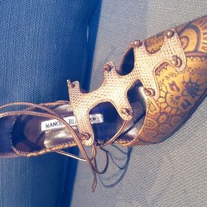 Manolo Blahnik Gold Patterned and Leather Stiletto